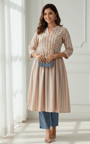 Elegant Peach and Blue Striped Cotton Anarkali