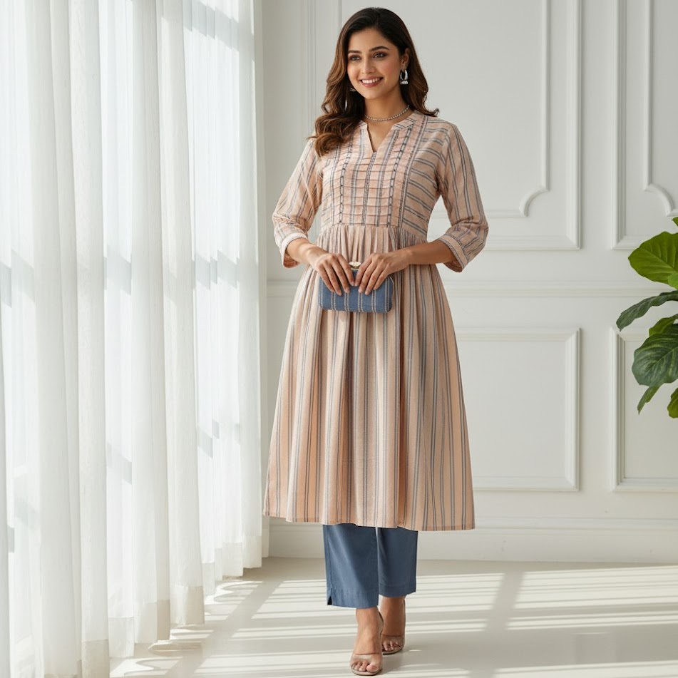 Peach Striped Cotton Anarkali