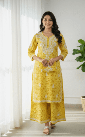 Radiant Sunshine Yellow Floral Embroidered Kurti Pant Set