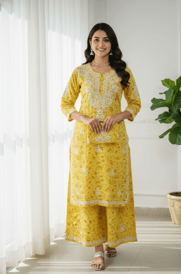 Radiant Sunshine Yellow Floral Embroidered Kurti Pant Set
