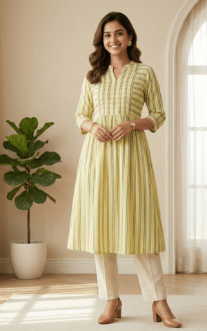 Serene Pastel Yellow Striped Flared Cotton Kurta