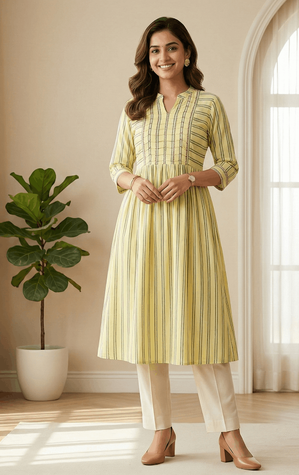 Pastel Yellow Striped Anarkali