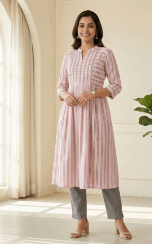 Soft Pink and Grey Striped Cotton Anarkali