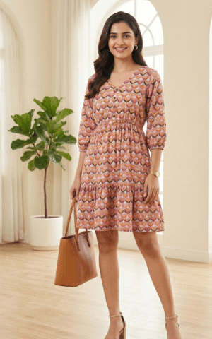 Warm Geometric Print Tiered Cotton Frock