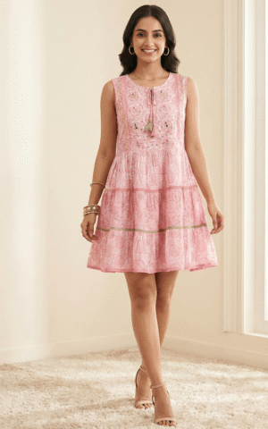 Charming Pink Printed Tiered Cotton Frock