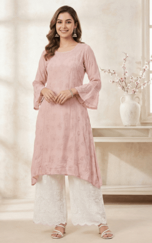 Pastel Pink Embroidered Viscose Flowing Kurti