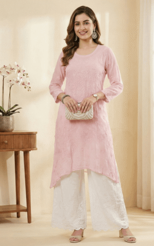Light Pink Pure Viscose Long Chikankari Kurti
