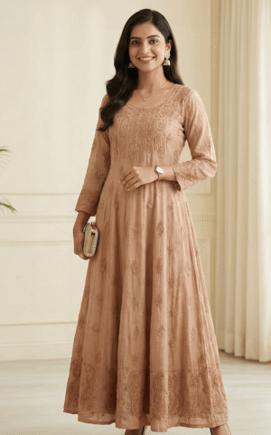 Soft Mocha Pure Muslin Embroidered Evening Gown