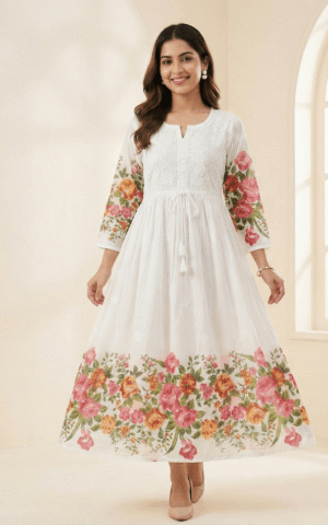 Pristine White Floral Bloom Mul Cotton Anarkali