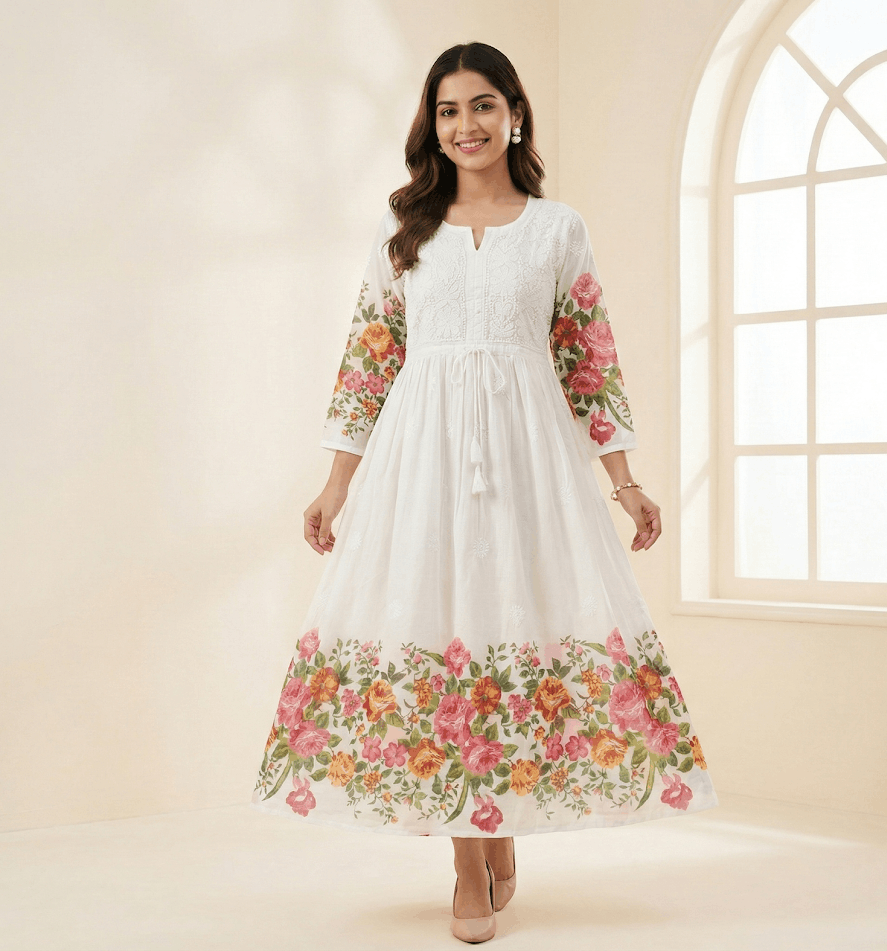 Pristine White Floral Bloom Mul Cotton Anarkali