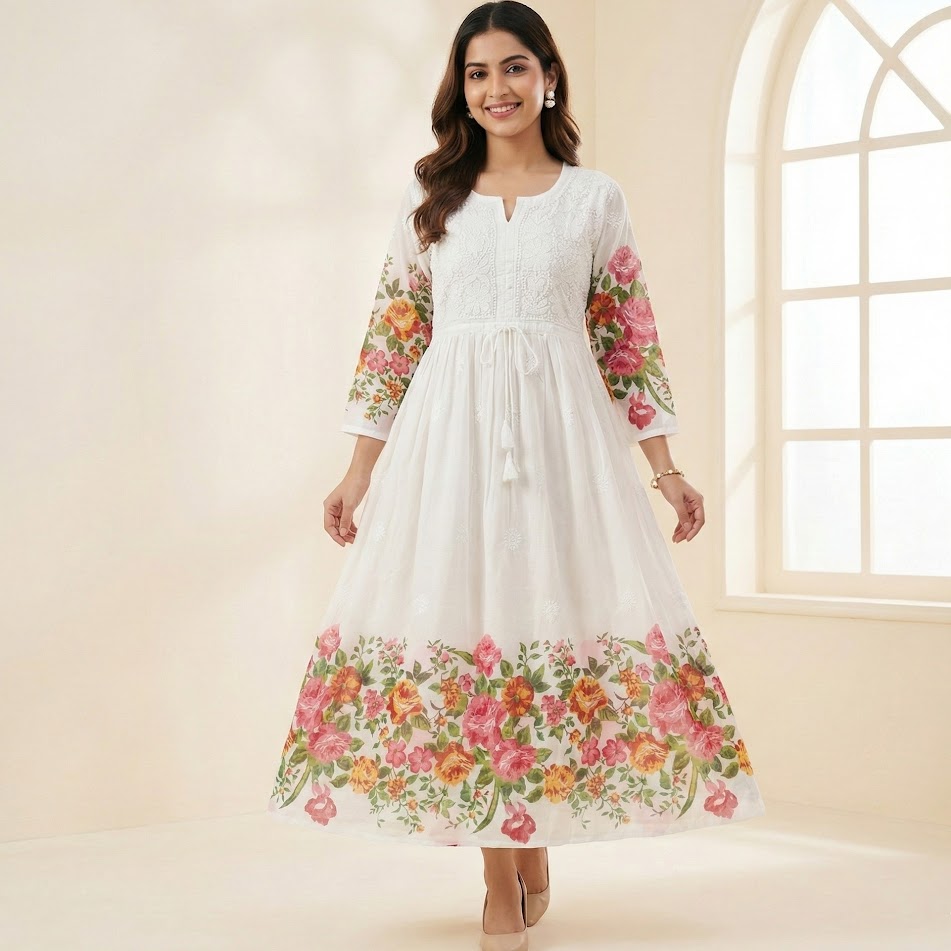 White Floral Mul Anarkali