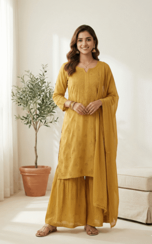 Radiant Mustard Embroidered Muslin Three Piece Set
