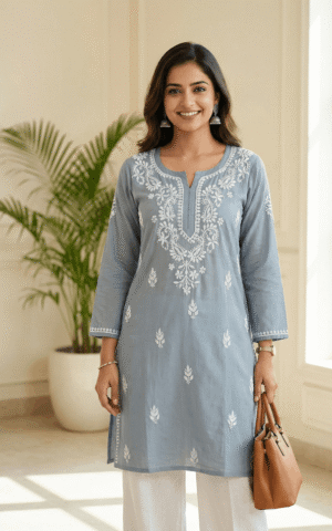 Slate Blue Chikankari Cotton Short Kurti