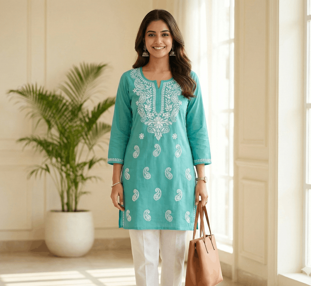 Vibrant Turquoise Cotton Kurti with White Paisley Embroidery