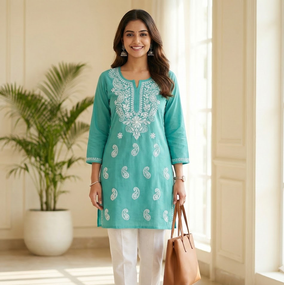 Teal Chikankari Cotton Kurti