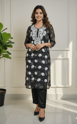 Elegant Black Georgette Kurti with Intricate White Floral Embroidery and Inner