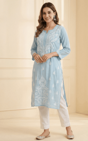 Serene Light Blue Modal Kurti with Intricate White Embroidery