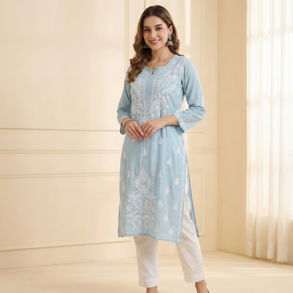 Powder Blue Embroidered Kurti