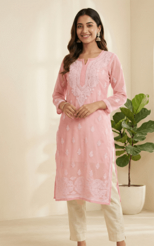 Graceful Pastel Pink Georgette Kurti with Intricate White Embroidery