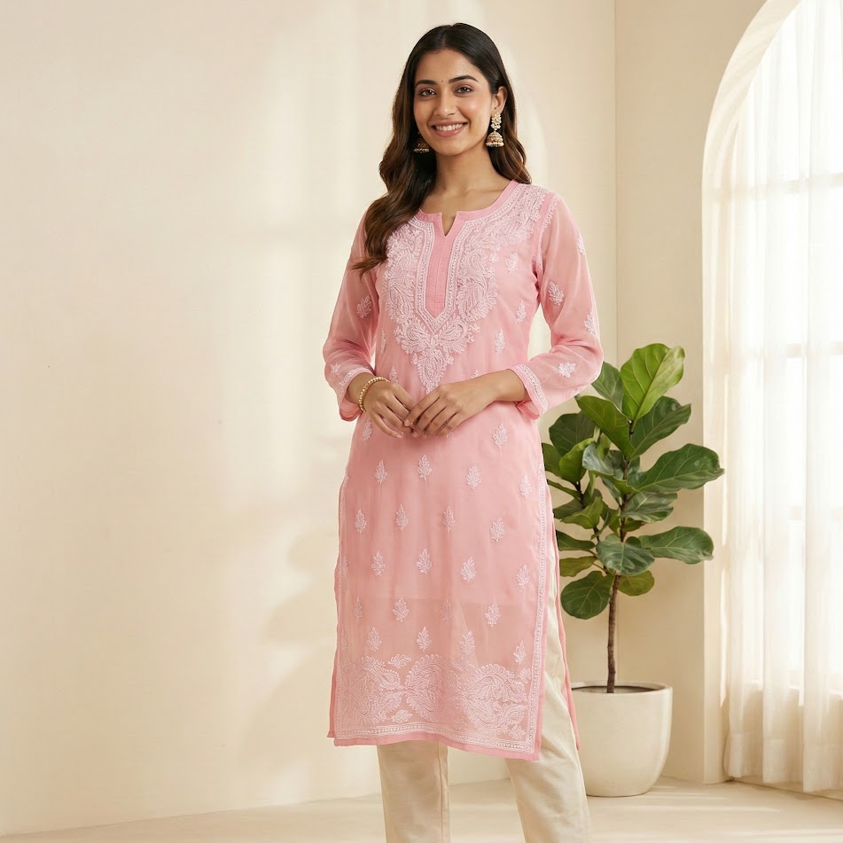 Pink Embroidered Georgette Kurti