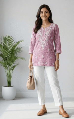 Graceful Mauve Cotton Short Top with Intricate White Thread Embroidery