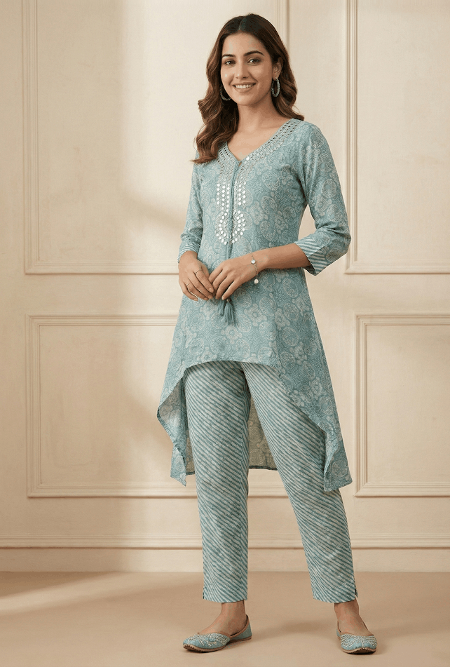 Sea Green Muslin High Low Cord Set with Intricate Mirror Work