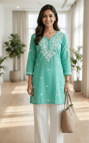 Sea Green Cotton Embroidered Straight Kurti