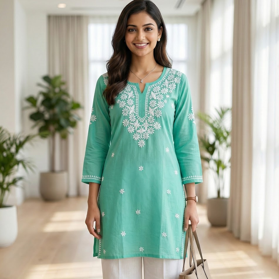 Sea Green Embroidered Kurti