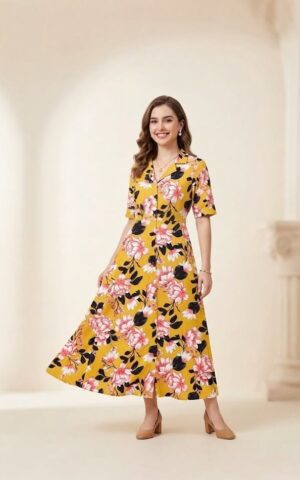 Mustard Bloom Cotton A-Line Midi Dress