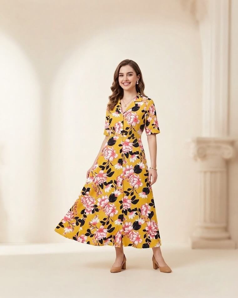Mustard Bloom Cotton A-Line Midi Dress