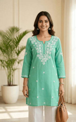 Mint Breeze Chikankari Cotton Short Kurti