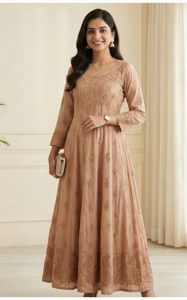 Mocha Muslin Embroidered Gown