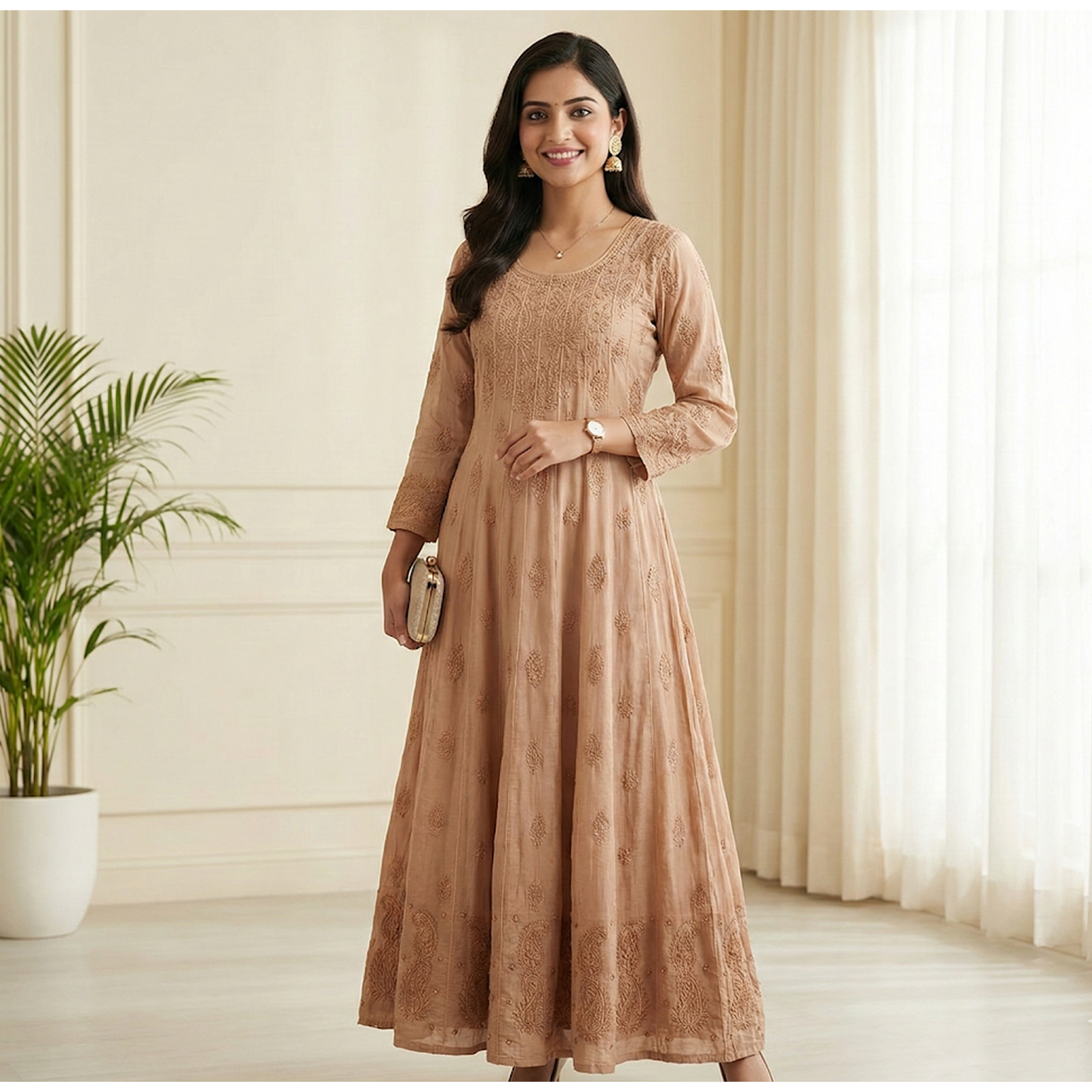 Mocha Muslin Embroidered Gown