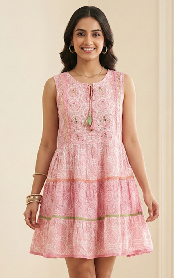 Pink Printed Tiered Frock