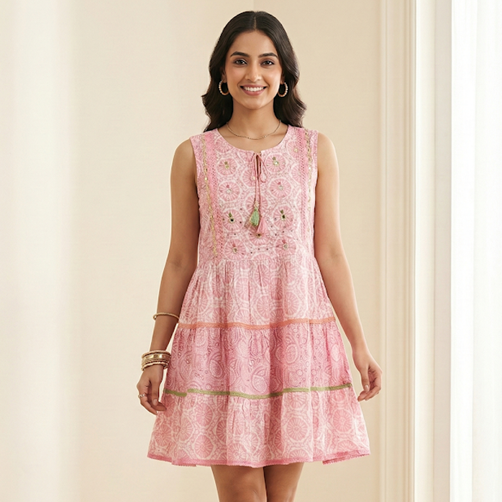 Pink Printed Tiered Frock