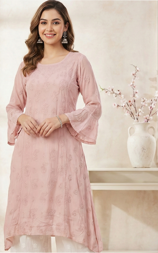 Pink Viscose Chikankari Kurti