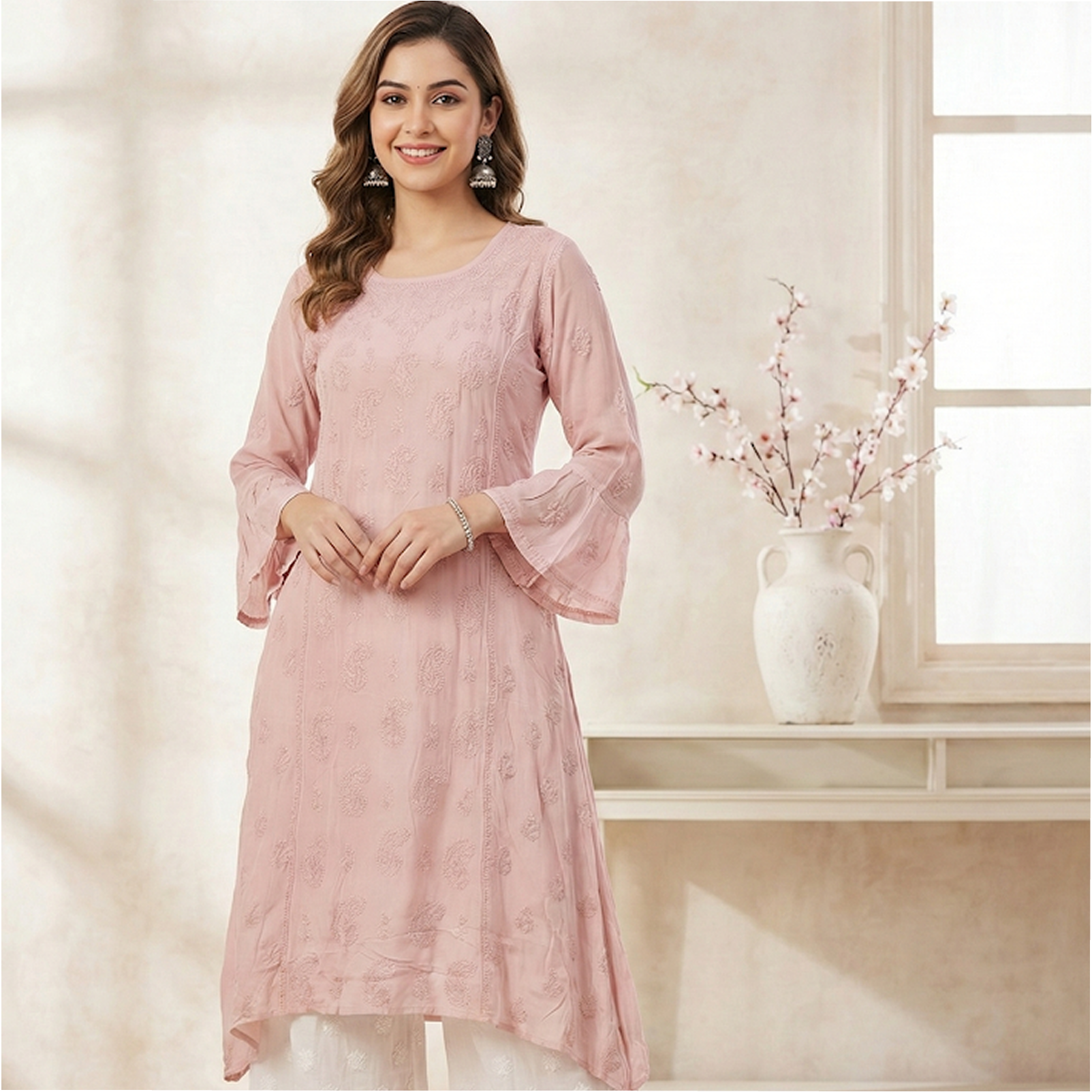 Pink Viscose Chikankari Kurti