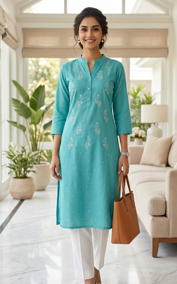 Sea Green Embroidered Kurti