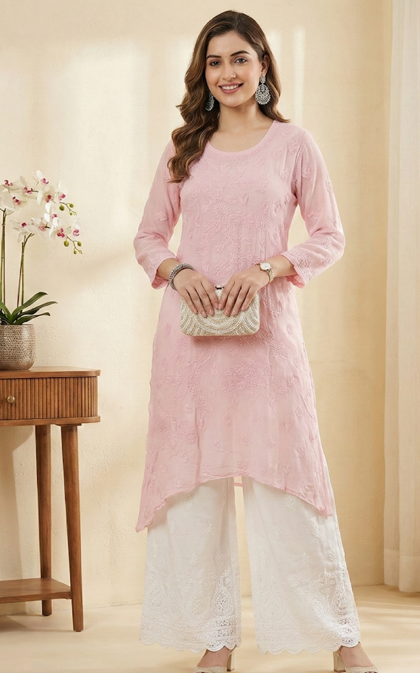 Pink Viscose Chikankari Kurti