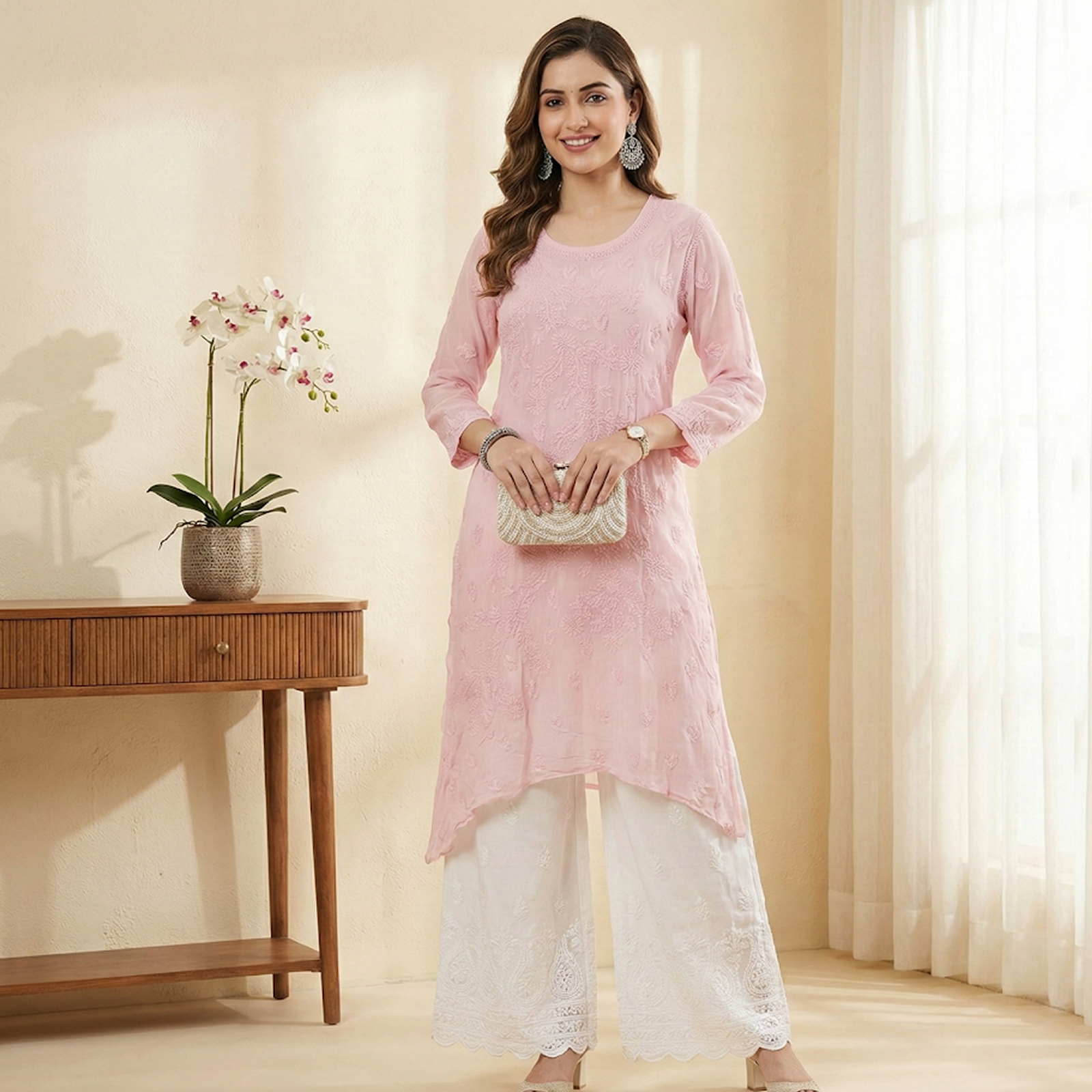 Pink Viscose Chikankari Kurti