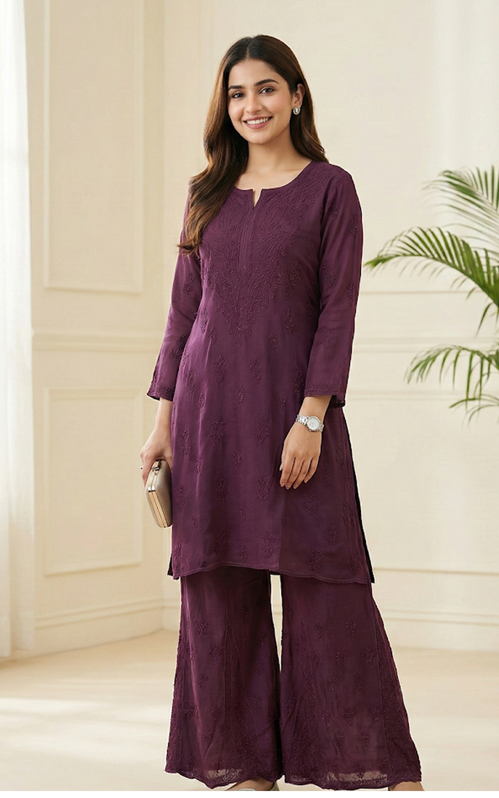 Plum Viscose Chikankari Set