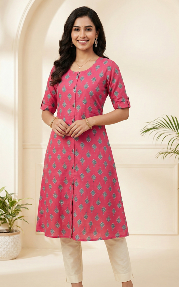 Pink Geometric Cotton Kurti