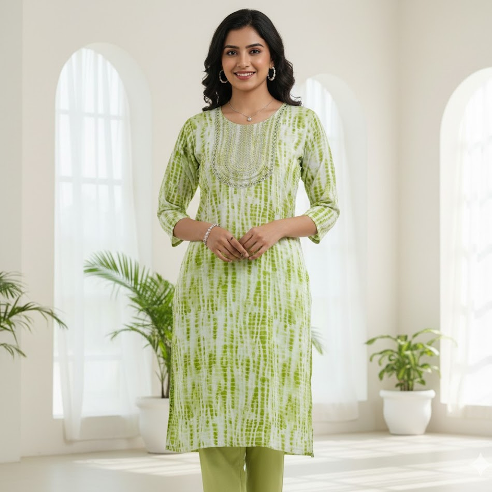 Lime Shibori Embroidered Kurti