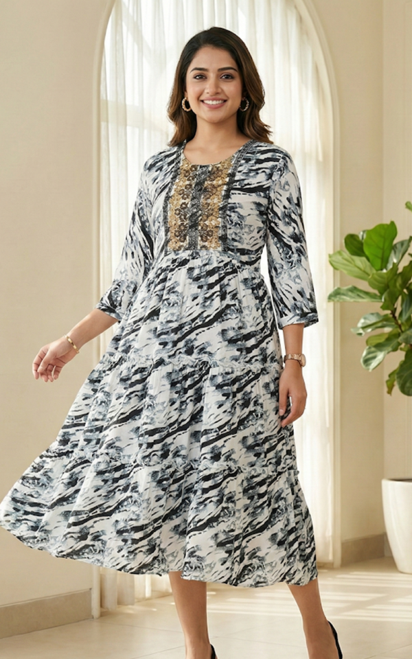 Monochrome Embroidered Tiered Frock