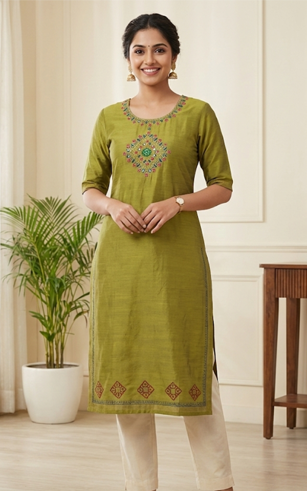 Olive Chanderi Embroidered Kurti