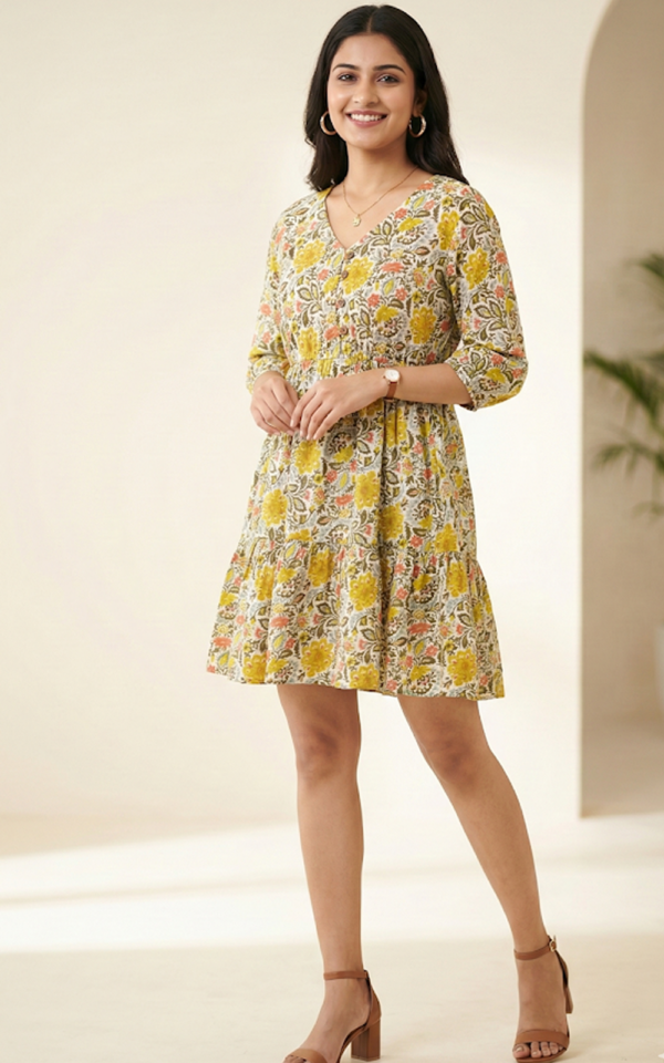 Yellow Floral Tiered Dress