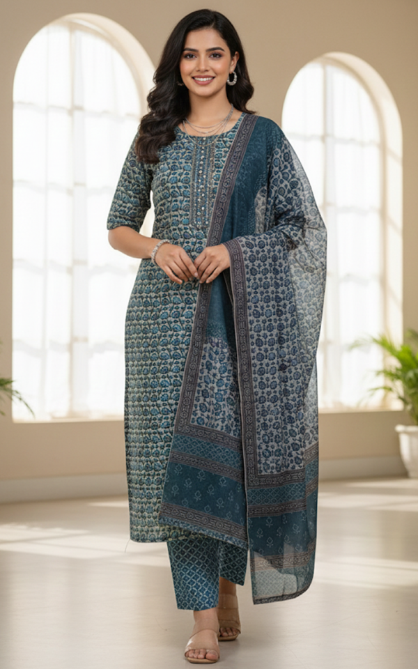 Teal Muslin Kurti Set