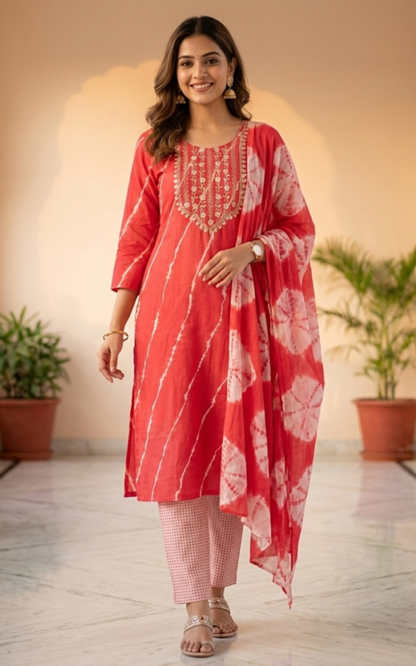 Coral Muslin Kurti Set