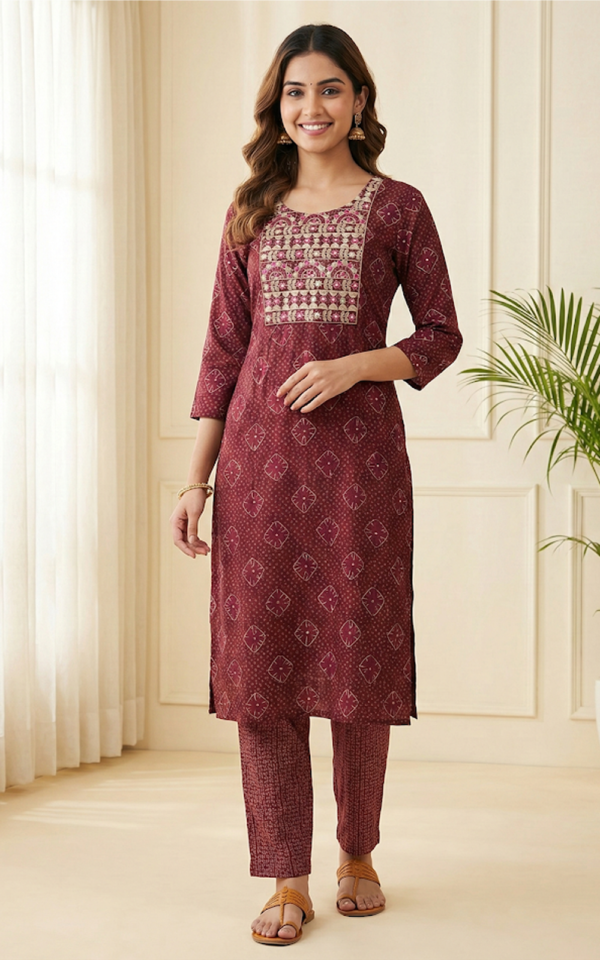 Maroon Embroidered Kurti Set