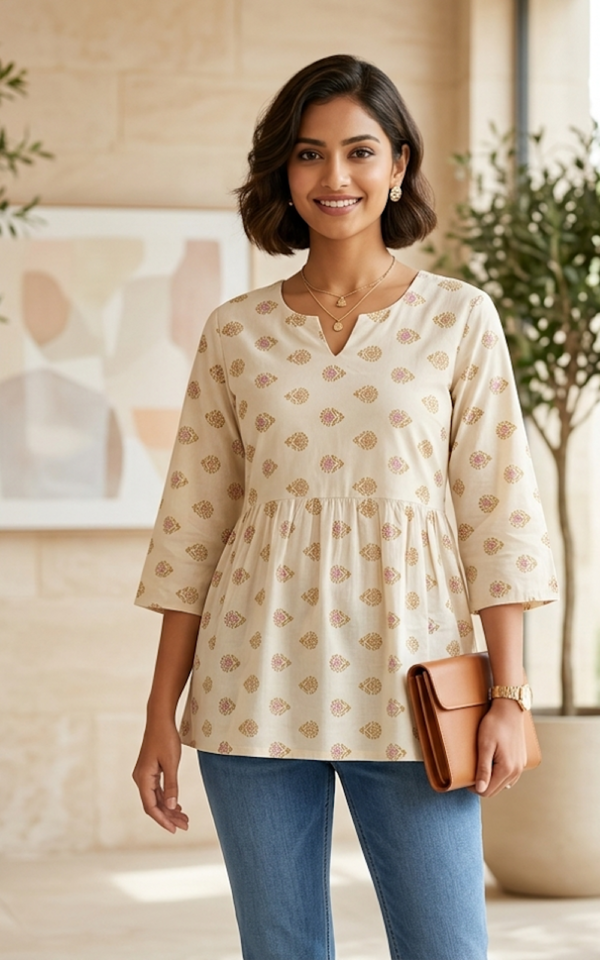 Beige Printed Peplum Top